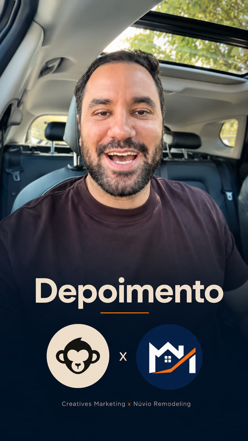 Eduardo, proprietário da Nuvio Remodeling, gravando um depoimento dentro de um carro