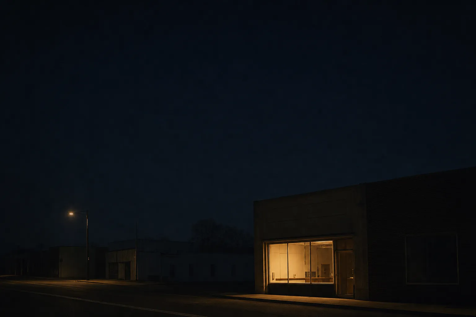A lit storefront at night on a quiet American street