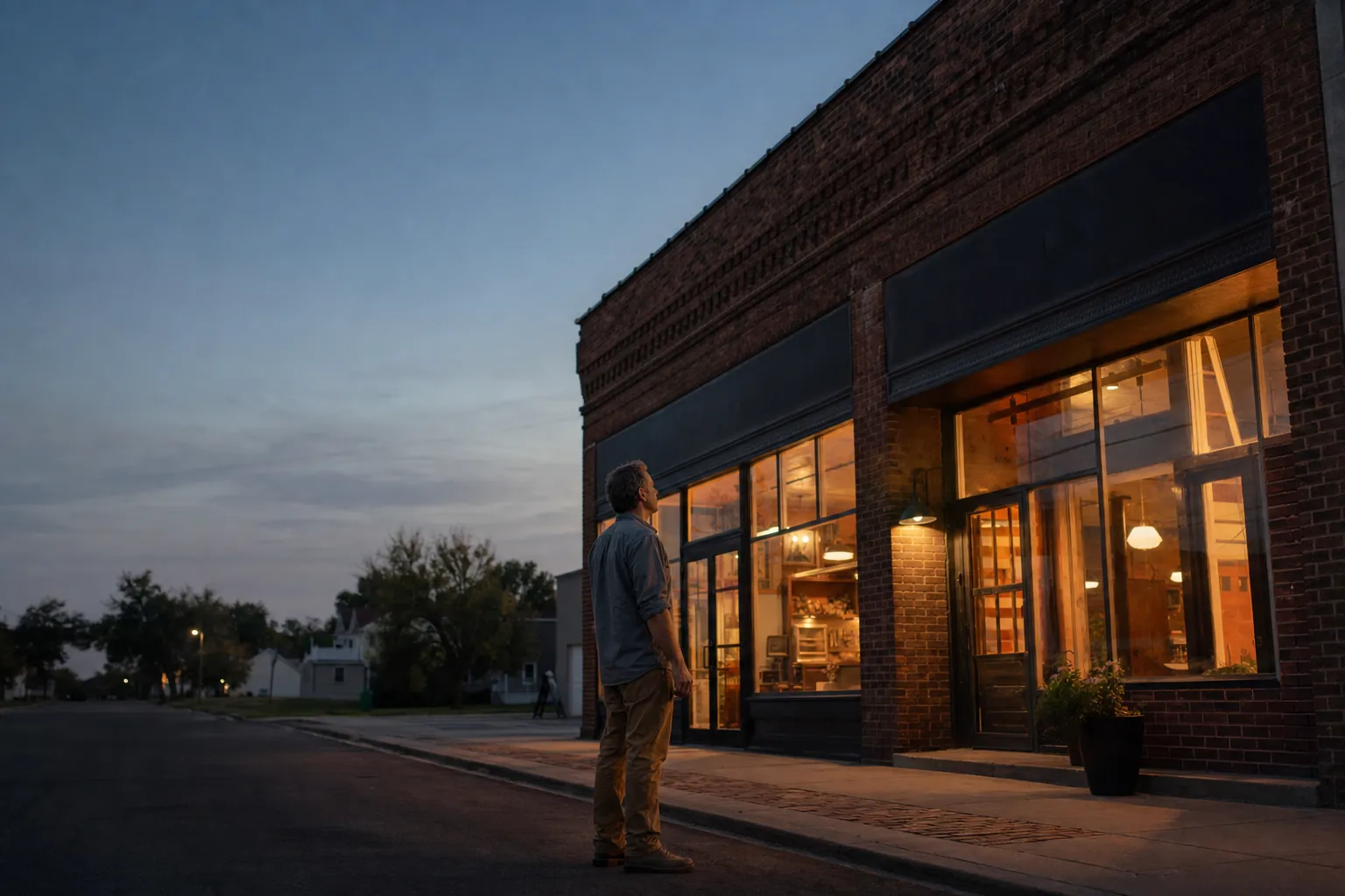A business owner seen in profile on the sidewalk, in front of their lit storefront at dusk
