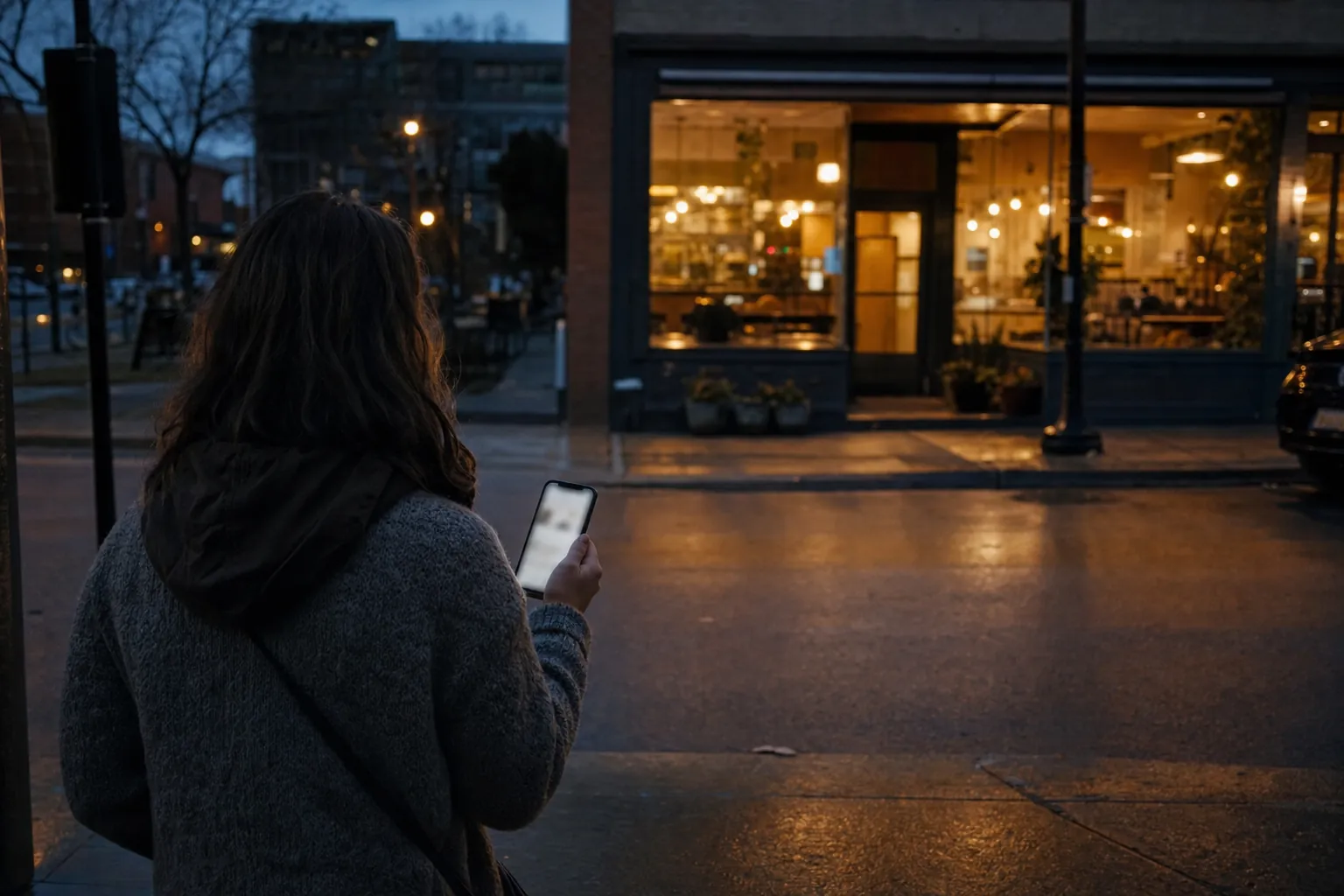 A person on a dusk sidewalk checking their phone in front of a lit storefront